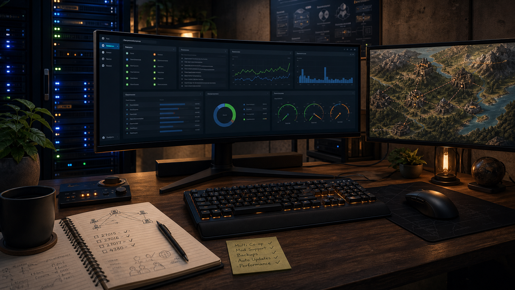 PC gaming desk with server dashboard and settlement planning